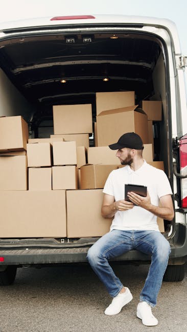 Two men wearing black face masks are engaged in a home relocation process next to a white delivery van, which is parked on a suburban street lined with houses and shrubs. One man, dressed in a dark ja