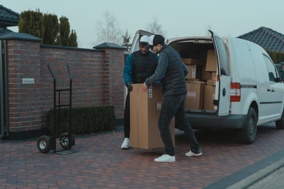 Two men are engaged in loading a large cardboard box into the back of a white moving van parked outside a residential property during daylight hours. One man, wearing a black puffer vest over a gray hoodie, is holding the box steady while the other man, dressed in a black jacket with blue sleeves, is guiding it inside. The van's rear doors are open, revealing more packed boxes and packaging materials, including bubble wrap and cardboard boxes of various sizes. Nearby, a black hand truck or dolly is positioned on a brick-paved driveway alongside a low brick wall and neatly trimmed hedge. The scene is set in a suburban area with trees and neighboring houses visible in the background, and the lighting indicates overcast or partly cloudy weather, typical of home relocation or furniture transport activities, with Man with Van West Norwood providing professional removals services.